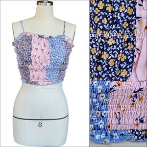 HANNAH BANANA Floral Patchwork Smocked Top in Blue Mix Multi Girls 16 Junior